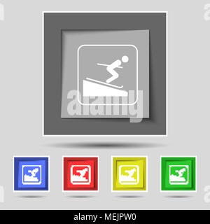 Skifahrer Symbol Zeichen auf der ursprünglichen fünf farbigen Tasten. Vector Illustration Stock Vektor