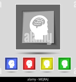 Gehirn Symbol Zeichen auf der ursprünglichen fünf farbigen Tasten. Vector Illustration Stock Vektor