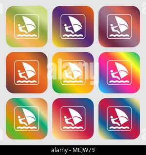 Windsurfen zeichen Symbol. Neun Schaltflächen mit hellen Gradienten für schönes Design. Vector Illustration Stock Vektor