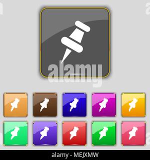 Drücken Sie pin Symbol unterzeichnen. Set mit 11 farbigen Buttons für Ihre Website. Vector Illustration Stock Vektor