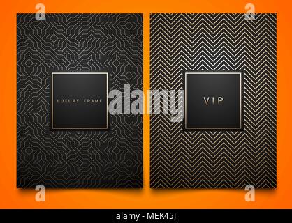 Vector Set schwarz Verpackung Vorlagen mit verschiedenen Goldenen lineare geometrische Muster Textur für Luxus Produkt. Trendiges Design für das Logo. Quadratischen Rahmen Stock Vektor