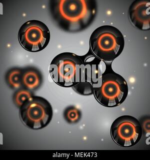 Vektor abstrakte Schwarz glänzend Moleküle Design. Atome mit Glow nukleare Licht Funken Abbildung. Futuristische alien gen Hintergrund für Wissenschaft banner Stock Vektor