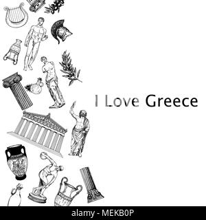 Hand gezeichnete Skizze Stil griechische thematische Objekte auf weißem Hintergrund. Vector Illustration. Stock Vektor