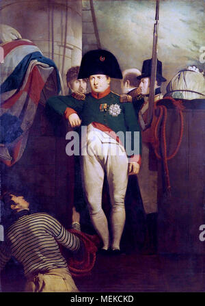 Napoleon Bonaparte an Bord der "bellerophon" in Plymouth von Charles Lock Eastlake. Napoleon in der Uniform der Chasseurs, stehend an der Gangway von HMS Bellerophon, seinen rechten Ellenbogen stützte sich auf die Bollwerke. Bonaparte hatte zu Captain Frederick Lewis Maitland der Bellerophon übergeben und nach England transportiert worden. Stockfoto