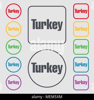 Türkei Symbol unterzeichnen. Symbol auf der Runde und quadratische Tasten mit Rahmen. Vector Illustration Stock Vektor