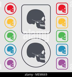 Totenkopf Schild. Symbol auf der Runde und quadratische Tasten mit Rahmen. Vector Illustration Stock Vektor