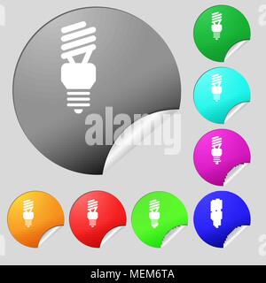 Leuchtstofflampe Symbol unterzeichnen. Satz von acht Bunten runde Buttons, Aufkleber. Vector Illustration Stock Vektor