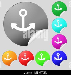 Anker Symbol unterzeichnen. Satz von acht Bunten runde Buttons, Aufkleber. Vector Illustration Stock Vektor