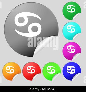 Sternzeichen Krebs Symbol unterzeichnen. Satz von acht Bunten runde Buttons, Aufkleber. Vector Illustration Stock Vektor