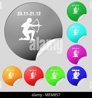 Schütze Symbol unterzeichnen. Satz von acht Bunten runde Buttons, Aufkleber. Vector Illustration Stock Vektor