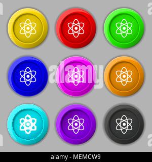 Atom, Physik Symbol unterzeichnen. Symbol auf neun Runden farbigen Buttons. Vector Illustration Stock Vektor