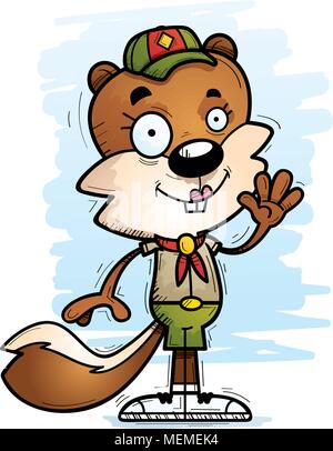 Ein Cartoon Illustration eines weiblichen Eichhörnchen scout winkend. Stock Vektor