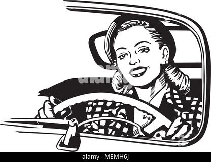 Weibliche Autofahrer - Retro Clipart Illustration Stock Vektor