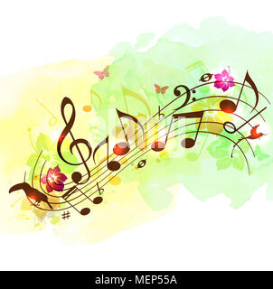 Abstrakte Musik Hintergrund mit Noten, tropischen Blumen und Aquarell Textur. Stockfoto