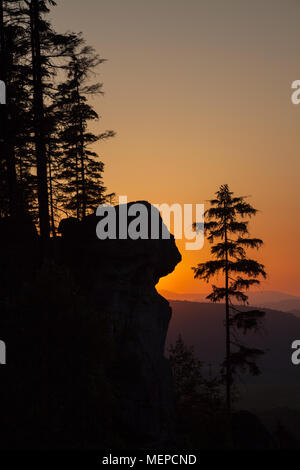 Eine Silhouette Sandstein Felsen und Bäume bei Sonnenuntergang auf Ostas Hill im Norden der Tschechischen Republik Stockfoto