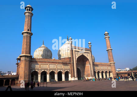 Jama Masjid ist die wichtigste Moschee von Old Delhi in Indien. Eine der wichtigsten Sehenswürdigkeiten von Old Delhi. Stockfoto