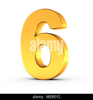 Die Zahl Sechs als poliertem goldenen Objekt über weißen Hintergrund mit Beschneidungspfad für die schnelle und genaue Isolierung. Stockfoto