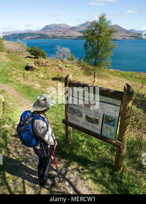 Touristen lesen Informationsschild am Leitir Fura Deserted Township auf der Isle of Skye Scotland, Großbritannien Stockfoto