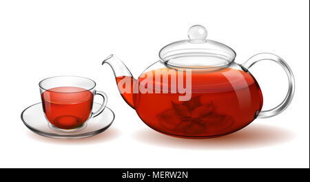 Transparentes Glas Teekanne und Tasse mit Tee isoliert auf weiss Stockfoto