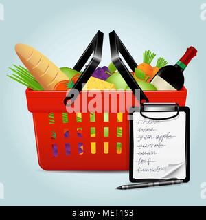 Warenkorb mit Lebensmitteln mit Einkaufsliste Stock Vektor