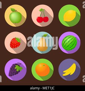 Obst & Beeren Flachbild-Symbole mit langen Schatten Stock Vektor