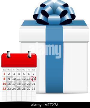 Valentines Tag im Kalender mit Geschenkbox auf weißem Hintergrund Stock Vektor