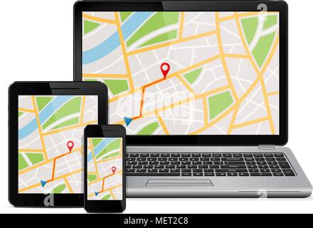 GPS Navigation Karte auf dem Display der modernen digitalen Geräte Stock Vektor
