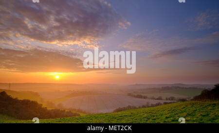 Frühjahr Sonnenuntergang über Osten Meon Valley aus der Nähe von Butser Hill, South Downs, Hampshire, Großbritannien Stockfoto