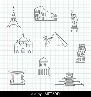 Hand Sehenswürdigkeiten auf einem Notebook Blatt gezeichnet Stock Vektor