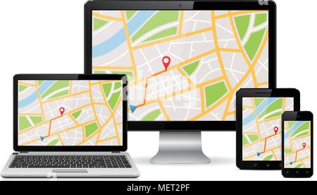 GPS-Karte auf dem Display der modernen digitalen Geräte Stock Vektor