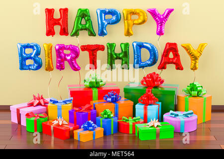 Happy Birthday Konzept mit Ballons und Geschenke, 3D-Rendering Stockfoto