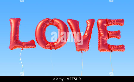 Text Liebe von roten Folie Ballons auf dem blauen Himmel, 3D-Rendering Stockfoto