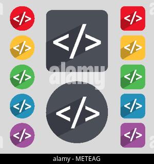 Code Zeichen Symbol. Programmiersprache Symbol. Satz von farbigen Tasten. Vector Illustration Stock Vektor