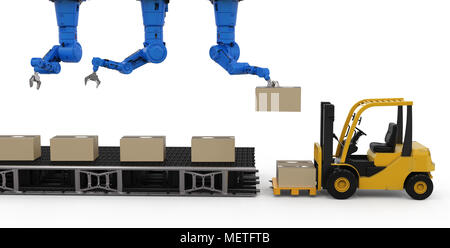 3D-Rendering Gabelstapler mit Roboter-Arm und Karton-Boxen Stockfoto