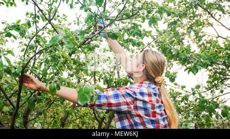 Portrait der junge blonde Frau mit Messer im Orchard Stockfoto