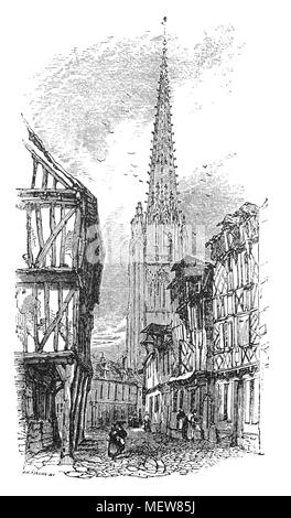 Die Straßen von Herfleur, in der Normandie, Frankreich, wo die Belagerung von Harfleur während des Hundertjährigen Krieges. Es begann am 18. August 1415, als König Heinrich V angegriffen Harfleur mit 2000 Mann von Waffen und 6000 Bogenschützen. Nachdem die Wände waren ernsthaft durch die zwölf großen Kanonen und andere traditionelle Artillerie der Englischen Belagerung Zug beschädigt. Kommandanten der Stadt gebeten, für ein Vergehen und Begriffe wurden vereinbart und Harfleur nachgegeben, die invasoren am 22. September. Die Ritter waren auf Bewährung entlassen Lösegeld zu sammeln, und die Städter, die bereit waren, die Treue zu schwören, Henry waren zu r erlaubt Stockfoto