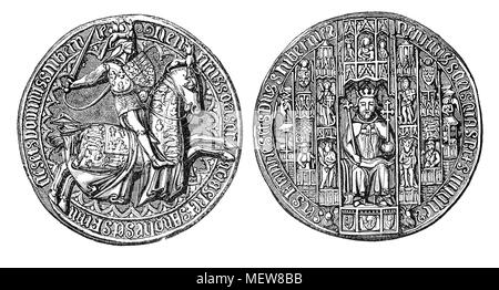 Das große Siegel des Königs Henry V (1386 - 1422), der zweiten englischen Monarchen des Hauses Lancaster. Henry schiffte sich auf Krieg mit Frankreich im Jahre 1415 und seine militärischen Erfolge gipfelten in seinem berühmten Sieg in der Schlacht von Agincourt (1415) und sahen ihn in der Nähe zu Frankreich zu erobern. Stockfoto