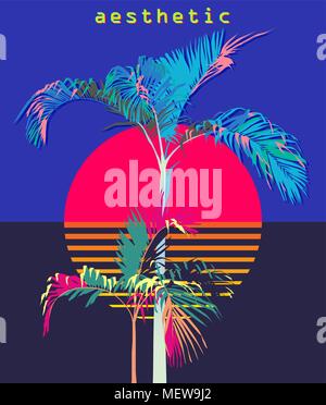 Palmen Sonnenuntergang auf einem hellen Hintergrund in 80's Theme Stock Vektor