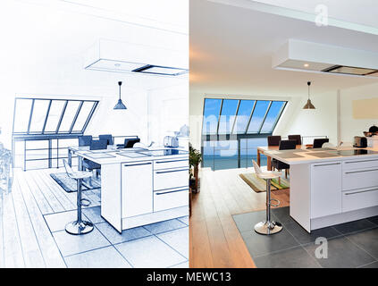 Entwurf einer modernen offenen Küche im renovierten Haus und Ergebnis Stockfoto