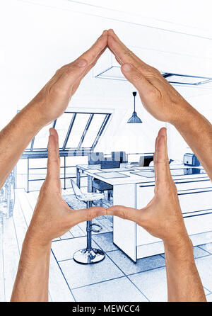 Digital Blue Print Kunstwerk eines modernen offenen Küche im renovierten Haus mit Händen framing Haus Stockfoto