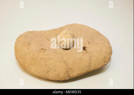 Quern Stein und hand Stein (Mühle Steine) aus dem romano-british (BC 55 - AD410) die Periode, in der Vermahlung von Getreide etc. benutzt wird, für die Herstellung von Lebensmitteln. Stockfoto