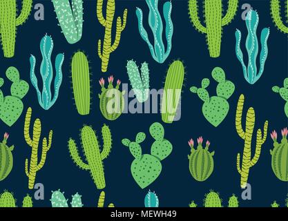 Eine nahtlose Muster mit grünen und blauen Sukkulenten und Kakteen. Vector Illustration Stock Vektor