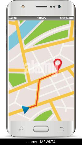 Smart Phone mit wlan-Navigator Service Internet App auf dem Bildschirm auf weißem Hintergrund. Vector Illustration. Stock Vektor