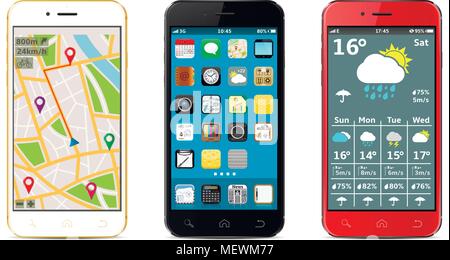 Handys mit Widgets und Symbole auf weißem Hintergrund Stock Vektor