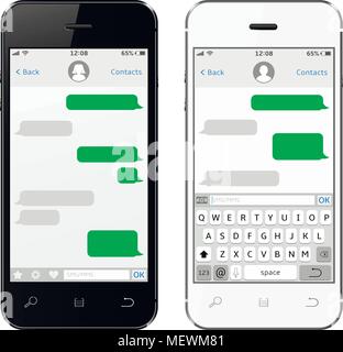 Smartphone Schwarz und Weiß. Soziales Netzwerk Konzept. Messenger Fenster. Chatten und SMS/MMS-Konzept. Vektor. Stock Vektor