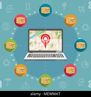 Karton Paketboxen und Laptop mit GPS-Karte. Versand Sendungsverfolgung um flache Design Vector. Stock Vektor