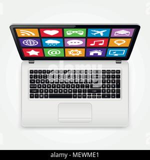 Modernen Laptop mit Apps Symbole auf dem Bildschirm. Ansicht von oben. Vector Illustration. Stock Vektor