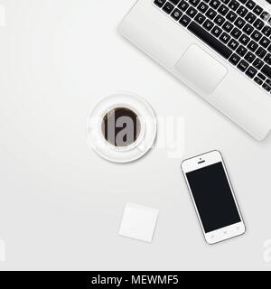 Moderner Arbeitsplatz mit Laptop, Kaffee Tasse und Smartphone kopieren Raum auf grauem Hintergrund. Ansicht von oben. Vector Illustration. Stock Vektor