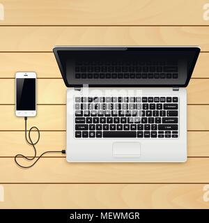 USB-Kabel Verbinden Sie Telefon und Laptop auf dem Holztisch. Vector Illustration. Stock Vektor