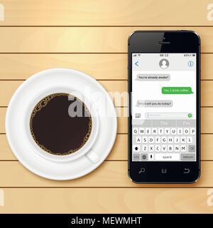 Handy und Kaffee Tasse. Soziales Netzwerk Konzept. Messenger Fenster. Chatten und SMS/MMS-Konzept. Vector Illustration. Stock Vektor